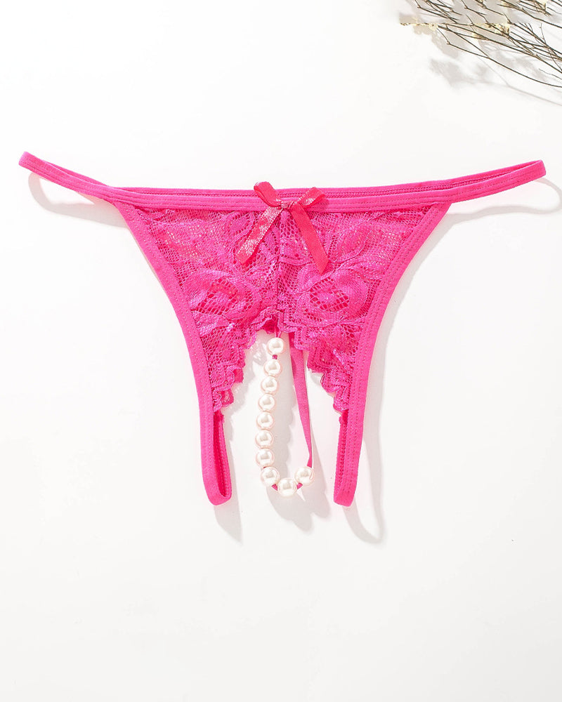 Pink lace low-rise t-back thong with bow and dangling pearl beads