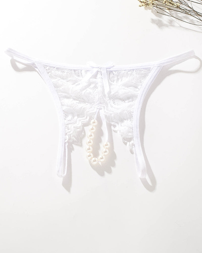 White lace low-rise t-back thong with bow and dangling pearl beads