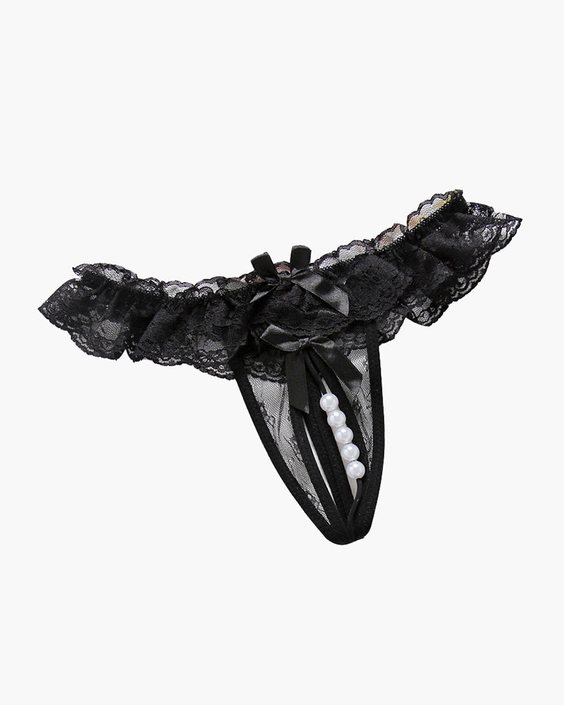 Black lace crotchless thong-style panty with bow and pearl beads