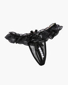 Black lace crotchless thong-style panty with bow and pearl beads