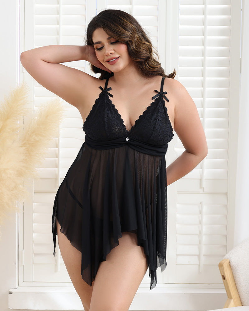 Plus size black lace babydoll with scalloped plunge cups and layered irregular hem