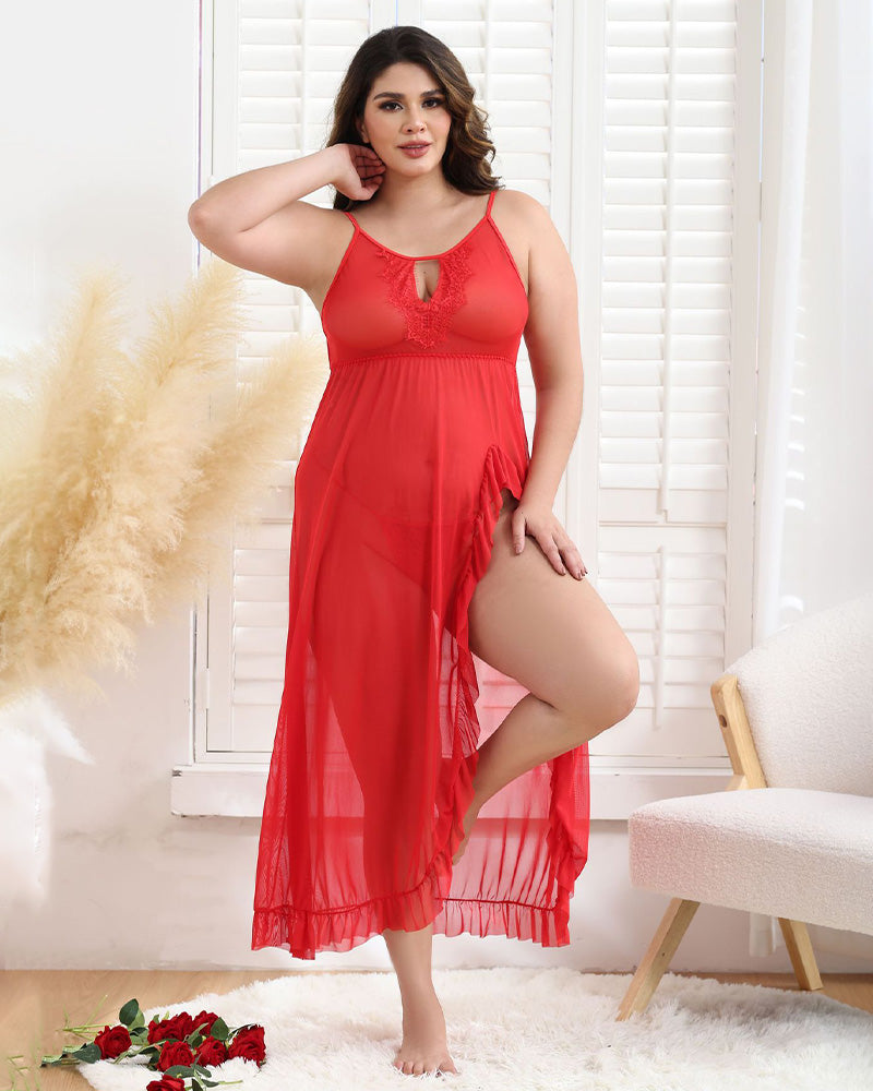 Plus size lace mesh nightgown, red sleeveless sheer maxi with lace bust detail and ruffle hem
