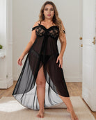 Plus size lace nightgown in black with V neckline, lace bodice and sheer babydoll skirt.