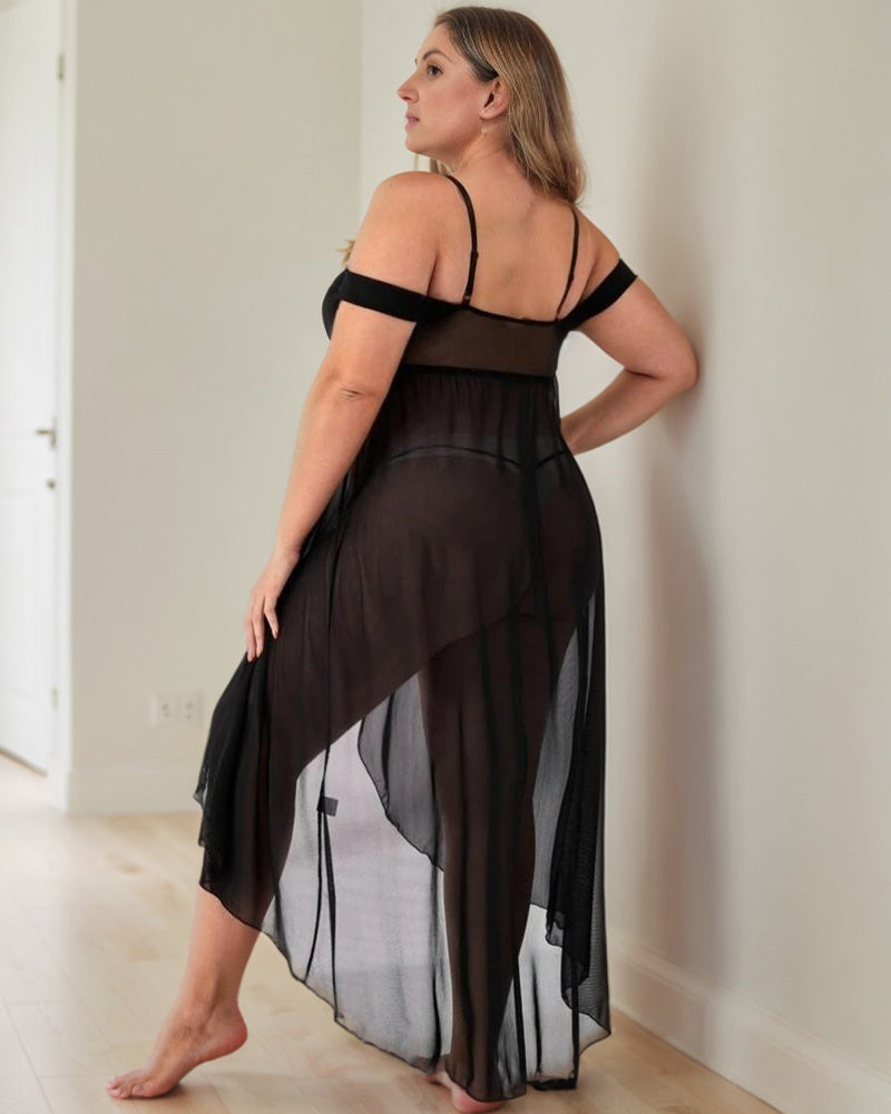 Plus size lace nightgown, black back view with thin straps and flowing sheer skirt panel.