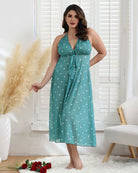 Polka dot long halter dress with front bow, teal with light dot pattern