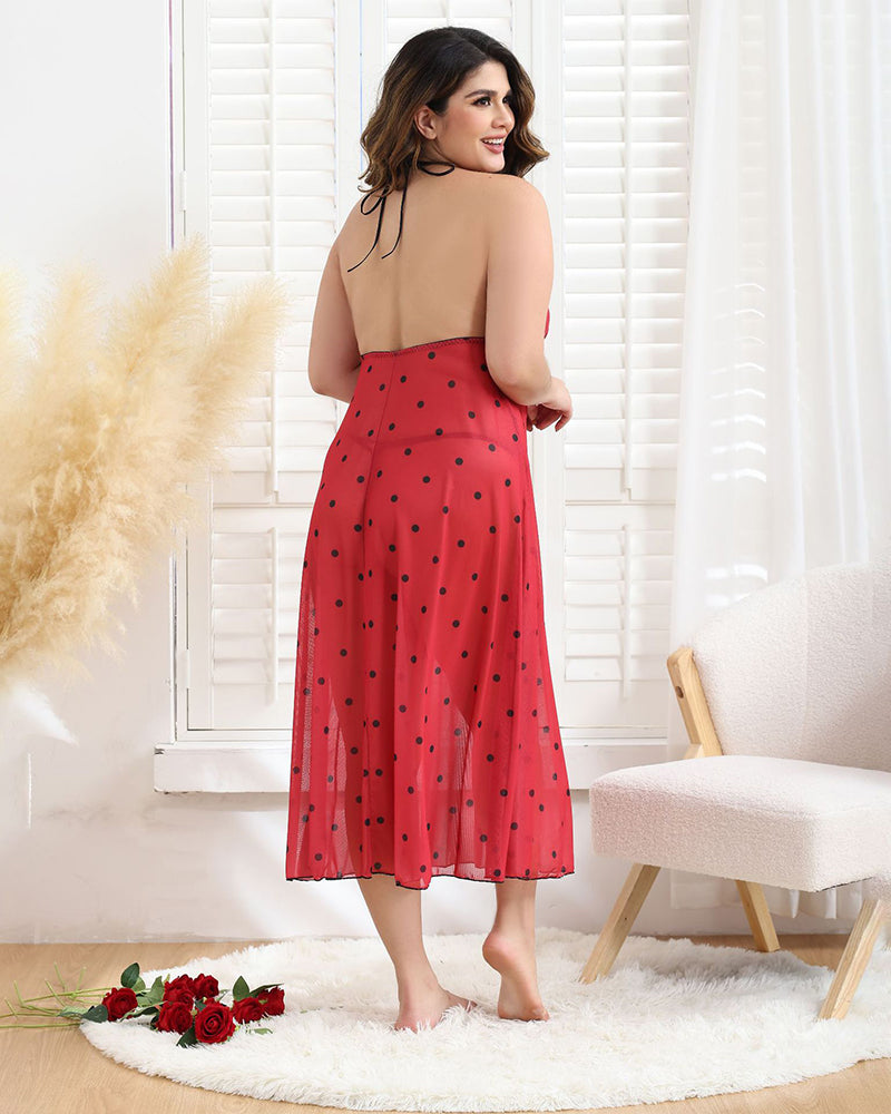 Polka dot long dress back view with halter ties, red sheer skirt with dark dots