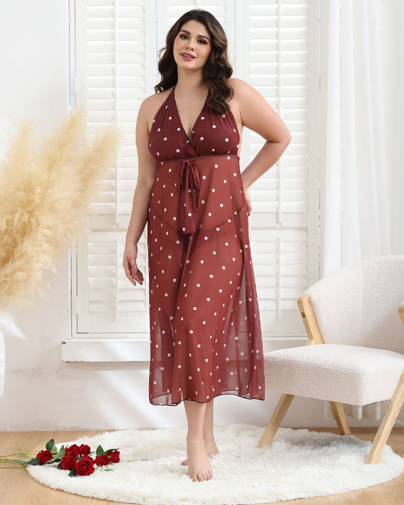 Polka dot long halter dress with front bow, wine red with light dot pattern
