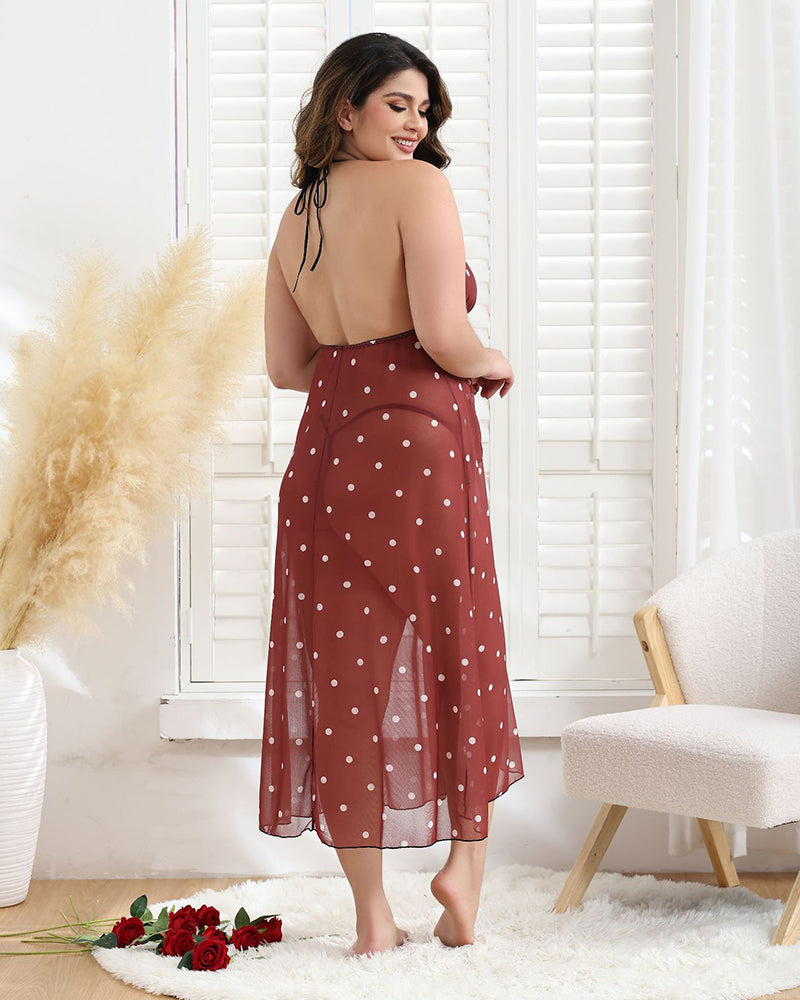 Polka dot long dress back view with halter ties, wine red sheer skirt with light dots