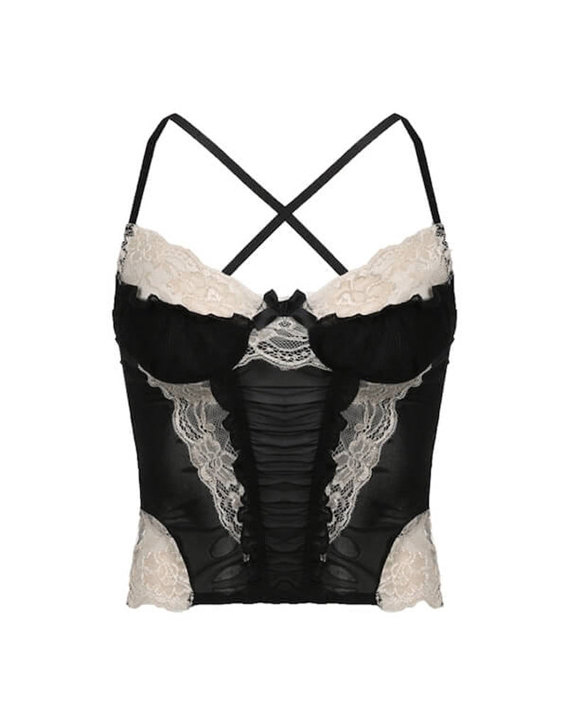 Black ruched patchwork crop top with lace trim and crisscross back straps