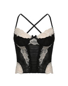Black ruched patchwork crop top with lace trim and crisscross back straps