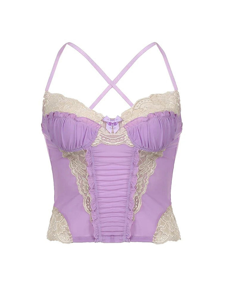 Purple ruched patchwork crop top with lace trim and crisscross back straps