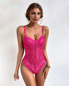 Rose red floral lace mesh bustier bodysuit with scalloped neckline and underwire