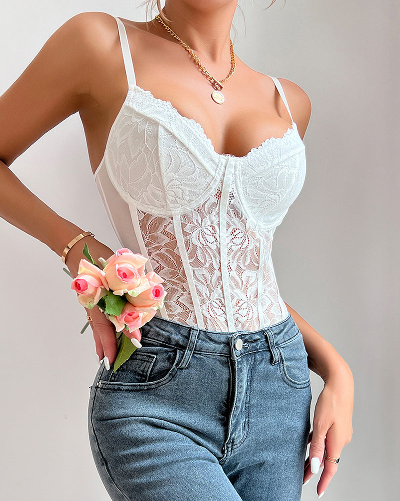 White floral lace mesh bustier bodysuit with sheer side panels and lace cups