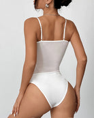 White sheer bodysuit with thin straps and smooth high-waist brief back view