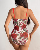 Floral mesh pleated bodysuit with lace-trim back straps, rear view