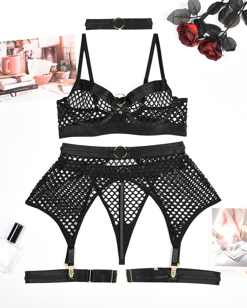Black fishnet bra, garter belt, and thong set with ring hardware on elastic straps