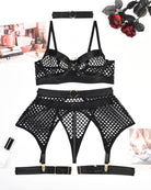 Black fishnet bra, garter belt, and thong set with ring hardware on elastic straps