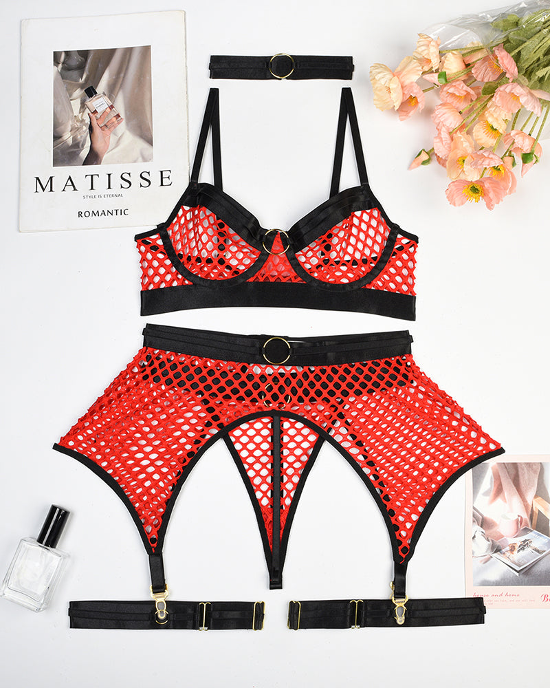 Red fishnet bra, garter belt, and thong set with ring hardware and adjustable straps