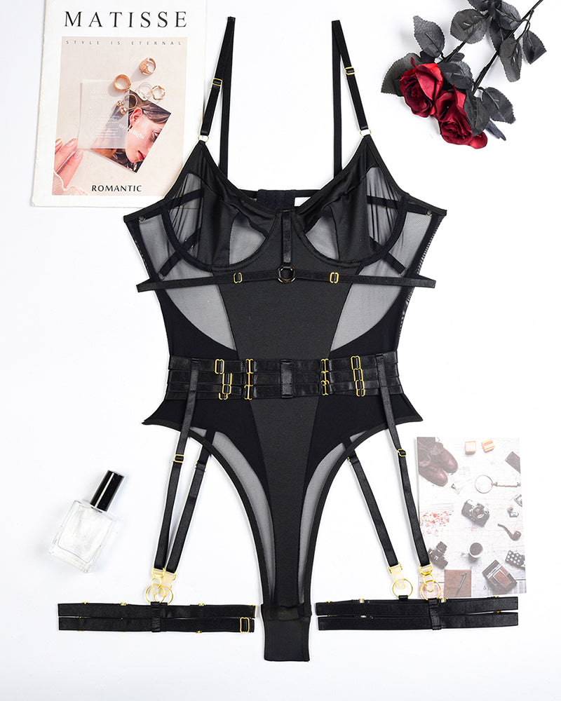 Black lingerie bodysuit set with mesh panels, garters, and adjustable suspender straps
