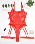 Red lingerie bodysuit set with garter straps laid flat, featuring mesh and buckles