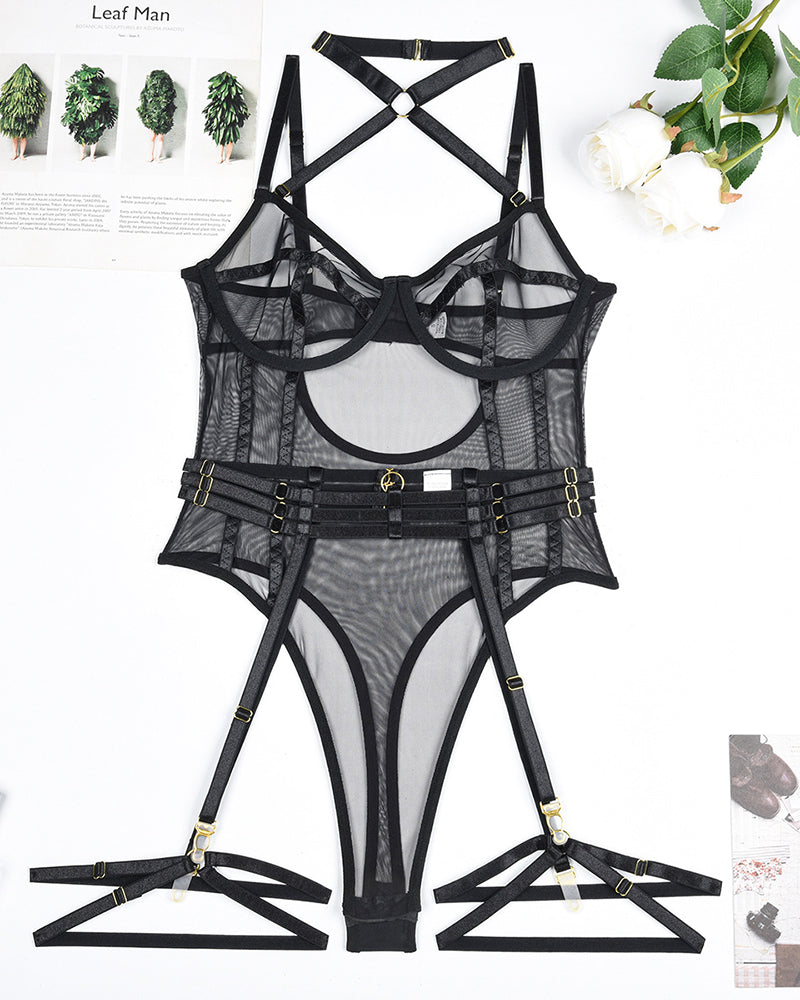 Black mesh halter open-crotch bodysuit with harness straps and garter bands