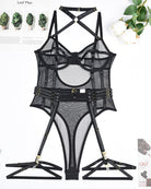 Black mesh halter open-crotch bodysuit with harness straps and garter bands