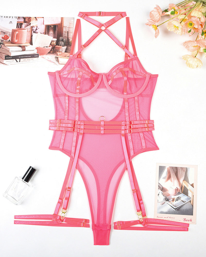 Pink open-crotch bodysuit set with lace mesh cups, garters, and thong bottom straps