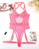 Pink open-crotch bodysuit set with lace mesh cups, garters, and thong bottom straps