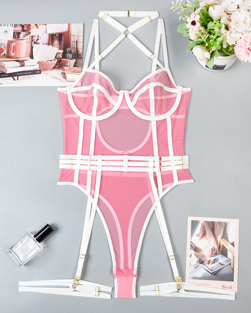 Pink and white open-crotch bodysuit with underwire-style cups and garter straps