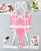 Pink and white open-crotch bodysuit with underwire-style cups and garter straps