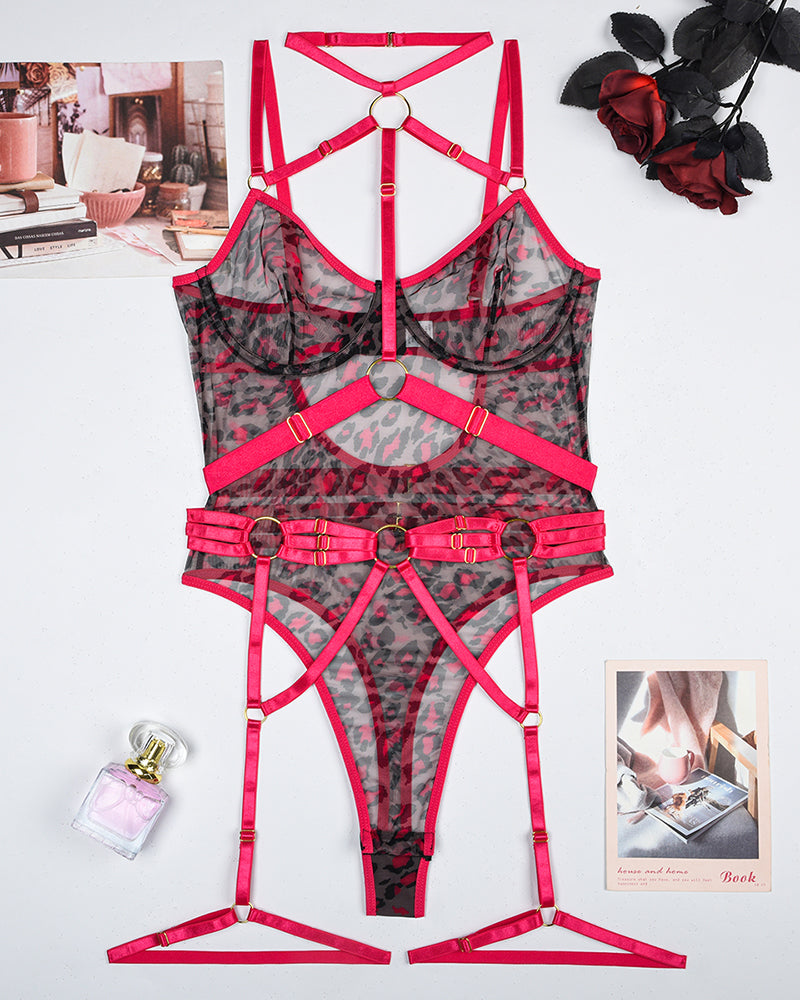 Rose red mesh bodysuit with steel ring, leopard panels, adjustable garter straps