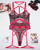 Rose red mesh bodysuit with steel ring, leopard panels, adjustable garter straps