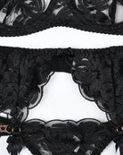 Black lace thong waistband with bow details and floral lace cutouts