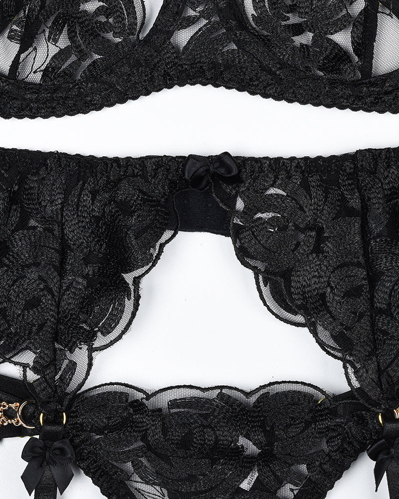 Black lace thong waistband with bow details and floral lace cutouts
