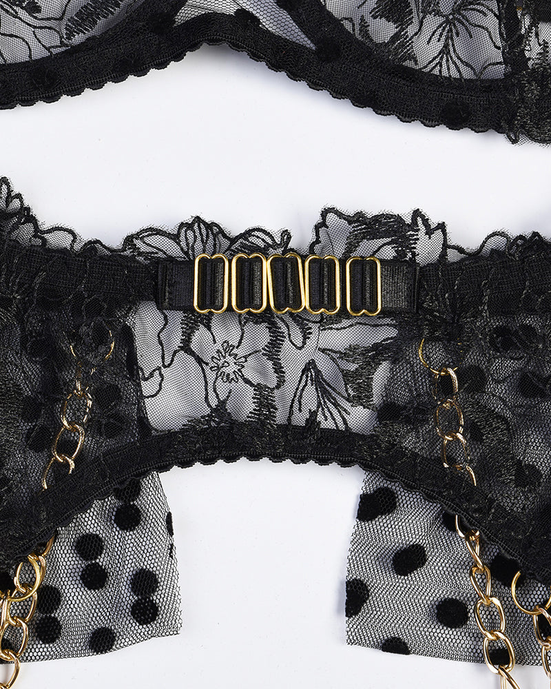 Black embroidered lace lingerie set with chain bra front and polka-dot mesh