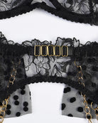Black embroidered lace lingerie set with chain bra front and polka-dot mesh
