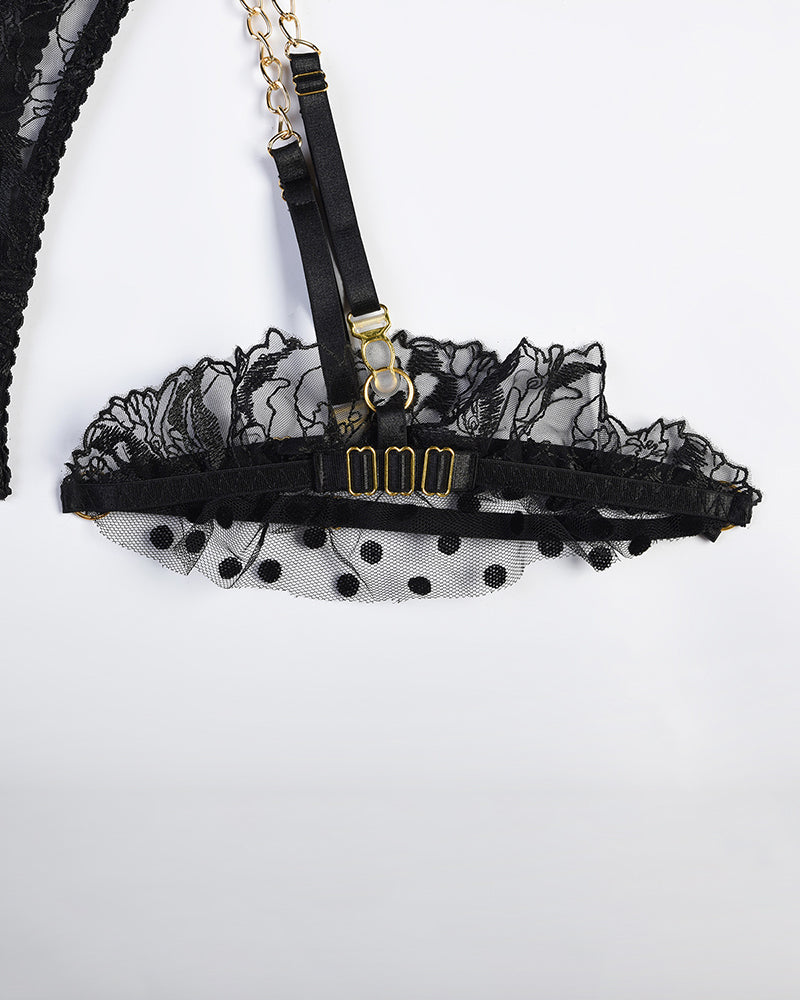 Black embroidered lace lingerie set center strap with gold-tone chain and hooks
