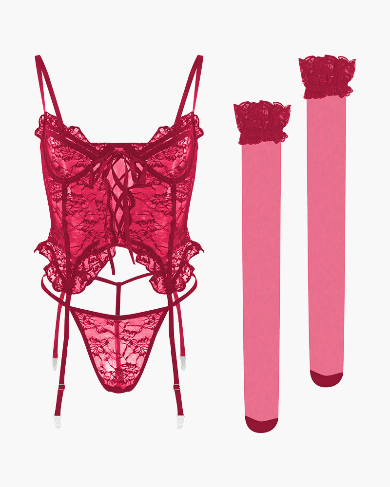 Wine red floral lace lingerie set with garter straps and matching stockings