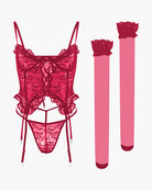 Wine red floral lace lingerie set with garter straps and matching stockings
