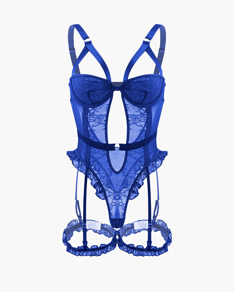 Front view of blue lace backless teddy with underwire cups, garter straps, leg rings