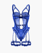 Back view of blue lace backless teddy with garter straps and ruffled hem
