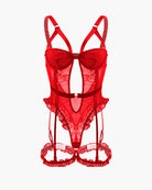 Red lace garter teddy with leg rings, lace bodice and ruffled garter waistband