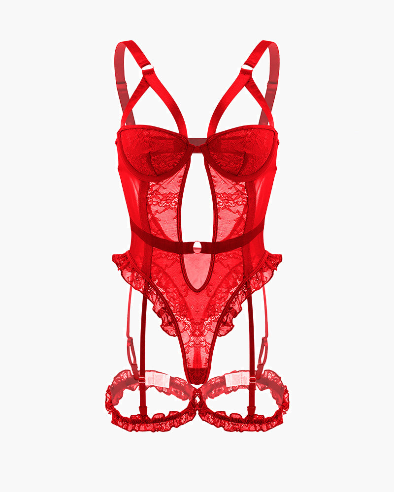 Red lace garter teddy with leg rings, lace bodice and ruffled garter waistband