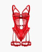 Red lace garter teddy with leg rings, sheer triangle back and garter leg straps