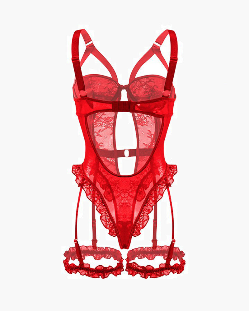 Red lace garter teddy with leg rings, sheer triangle back and garter leg straps