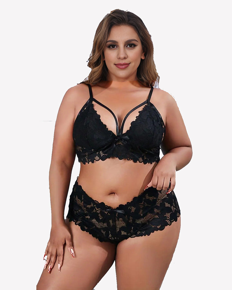 Black lace bra and panty set with bow-knot appliques and scalloped lace trim