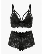 Black lace bra and panty set, front view, bow-knot appliques and scalloped trim