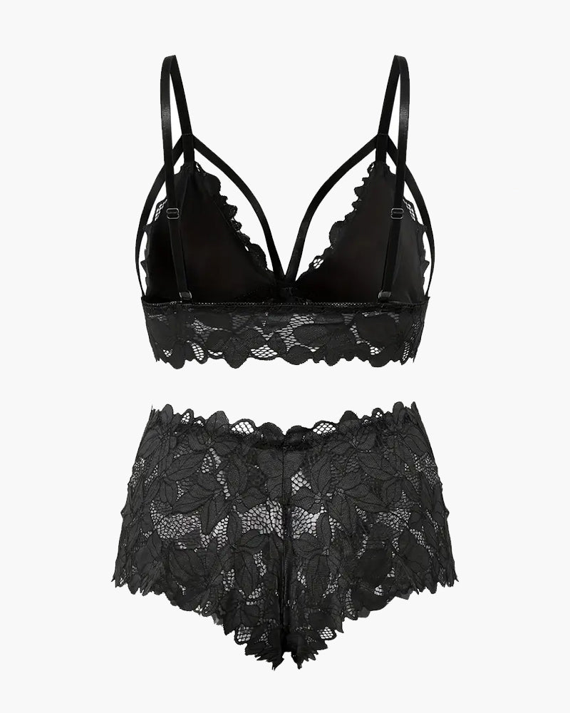 Black lace bra and panty set, back view, bow-knot appliques and lace scallop trim