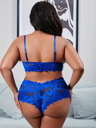 Blue lace bra and panty set, back view, bow-knot appliques and scalloped lace
