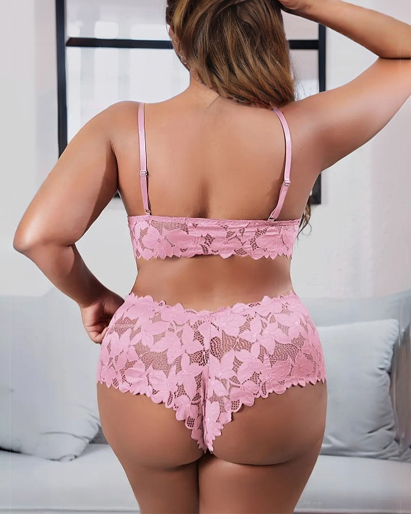 Pink lace bra and panty set, back view, bow-knot appliques and scalloped lace